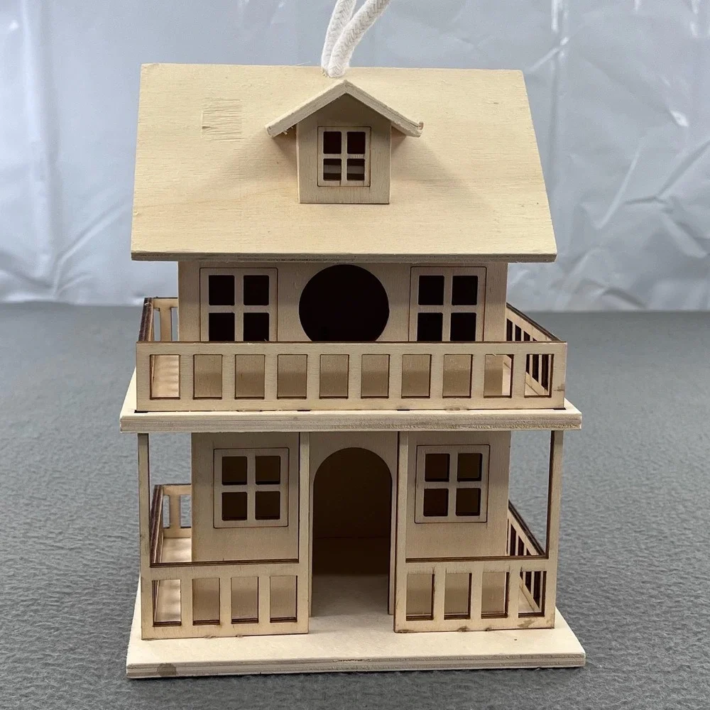 Unfinished Wood Two Story Birdhouse Hanging Garden Decor DIY Craft Natural 7.5in